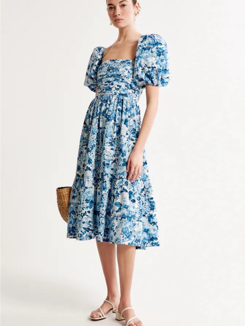 Abercrombie and Fitch Blue Floral Puff Sleeve Midi Dress
